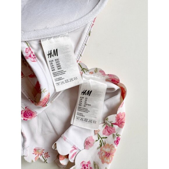 H&M White Pink Floral Scalloped 2pc Halter Bikini Set, Size 36D/10 - Picture 8 of 12